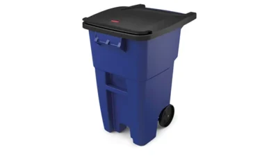 Heavy-duty blue trash bin with lid and wheels, ideal for commercial waste management at Beyond Hygiene Asia.