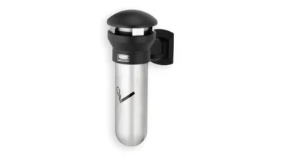 Stainless steel cigarette disposal unit with wall mount, designed for hygienic cigarette waste management.