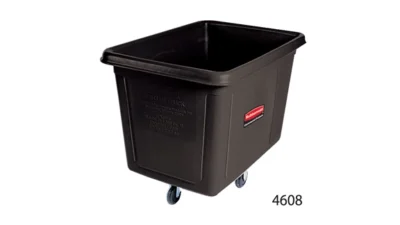 Heavy-duty black waste bin with wheels for commercial cleaning and sanitation solutions by Beyond Hygiene Asia.