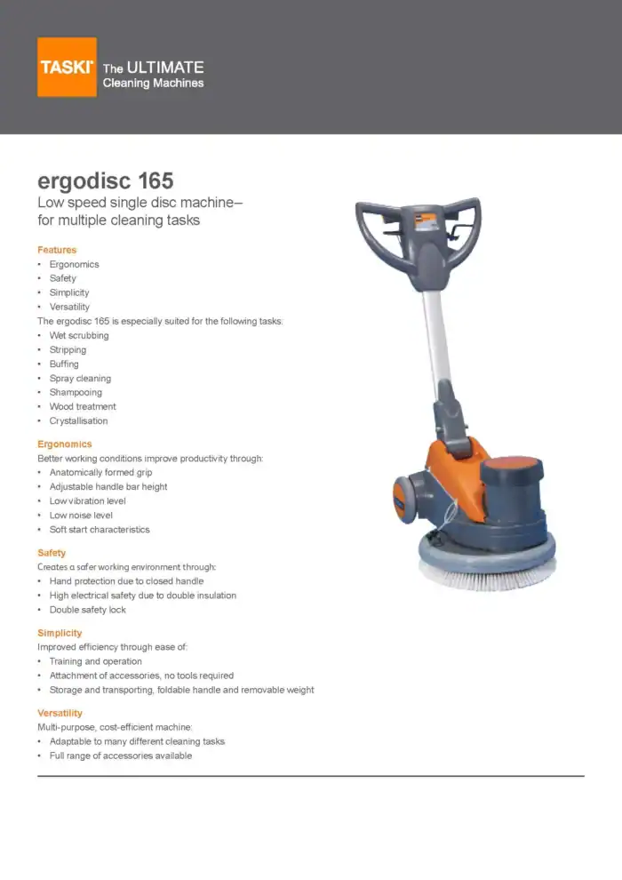 Ergodisc 165 cleaning machine for multiple tasks, low speed disc sweeper for wet scrubbing, stripping, buffing, and more, ergonomic, safe, versatile cleaning equipment from TASKI.