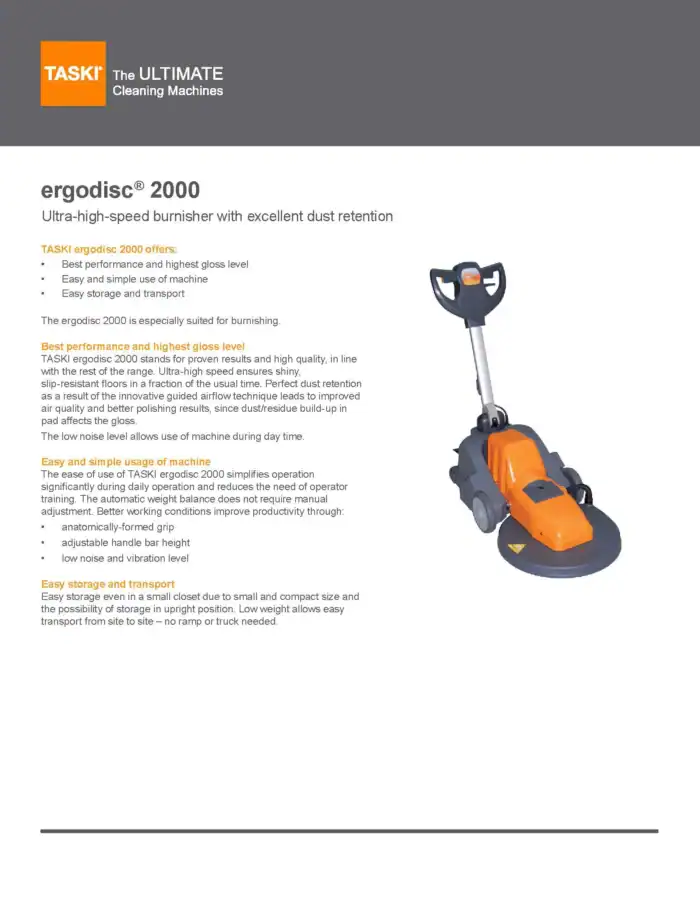 Ergodisc 2000 taski industrial floor grinding machine for efficient dust containment and high gloss finish in commercial cleaning environments.