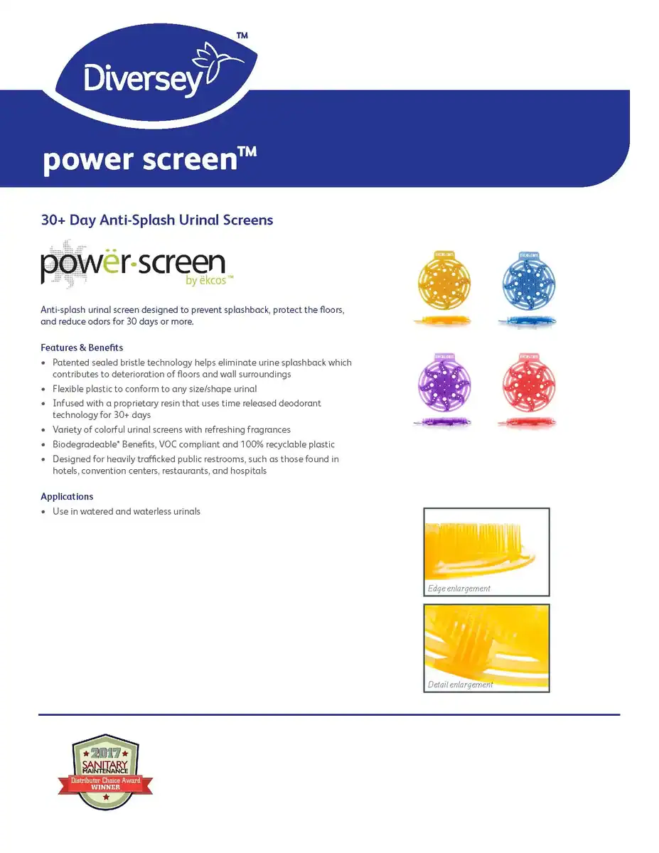 power screenTM 30+ Day Anti-Splash Urinal Scree (2) Power screen anti-splash urinal screens by Beyond Hygiene Asia, providing 30+ days of odor control and splash prevention with colorful, biodegradable plastic for public restrooms.
