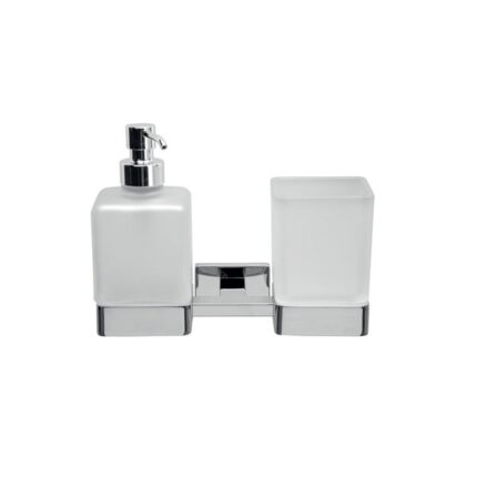 Pump dispenser soap dispenser and toothbrush holder set suitable for bathroom or kitchen.