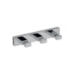 Chrome wall-mounted triple towel hook for bathroom or kitchen, stylish and space-saving. Perfect for organizing towels, robes, and accessories in commercial and residential spaces.