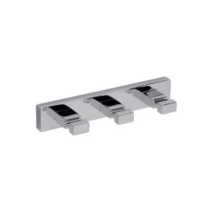 Chrome wall-mounted triple towel hook for bathroom or kitchen, stylish and space-saving. Perfect for organizing towels, robes, and accessories in commercial and residential spaces.