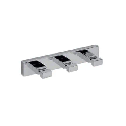 Chrome wall-mounted triple towel hook for bathroom or kitchen, stylish and space-saving. Perfect for organizing towels, robes, and accessories in commercial and residential spaces.