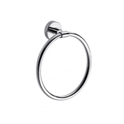 Brushed metal towel ring mounted on a white wall, modern bathroom fixtures from Beyond Hygiene Asia.