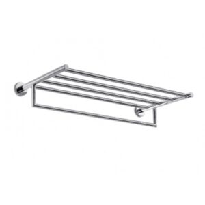 Chrome bathroom wall-mounted towel rack with shelves for organizing and drying towels, suitable for hotels, gyms, and homes. Durable, sleek design enhances hygiene and space efficiency.