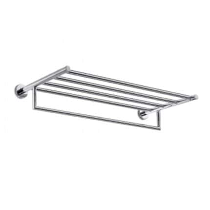 Chrome bathroom wall-mounted towel rack with shelves for organizing and drying towels, suitable for hotels, gyms, and homes. Durable, sleek design enhances hygiene and space efficiency.