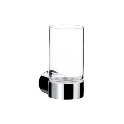 Sleek glass soap or sanitizer dispenser mounted on a modern wall with a chrome finish, providing a hygienic and stylish sanitation solution for commercial or hospitality settings.