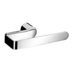 Polished chrome door handle on white background, modern and durable design.