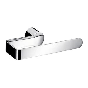 Polished chrome door handle on white background, modern and durable design.