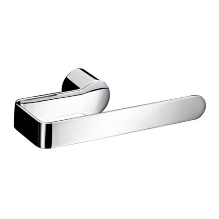 Polished chrome door handle on white background, modern and durable design.