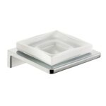 ALt text: Modern white ceramic soap dish with wall mount designed for hygienic bathroom use.
