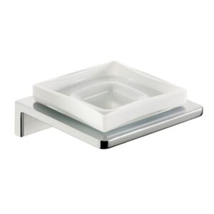 ALt text: Modern white ceramic soap dish with wall mount designed for hygienic bathroom use.