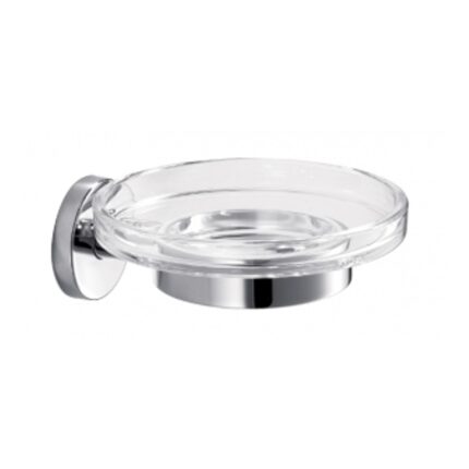 Shower soap dish holder with transparent glass dish and polished metal mount for bathroom organization and hygiene.