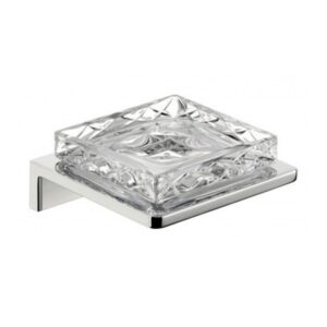 Elegant glass soap dish with chrome wall mount, ideal for bathroom hygiene and organization. Durable, stylish design enhances cleanliness and decor. Perfect for commercial and residential washrooms.