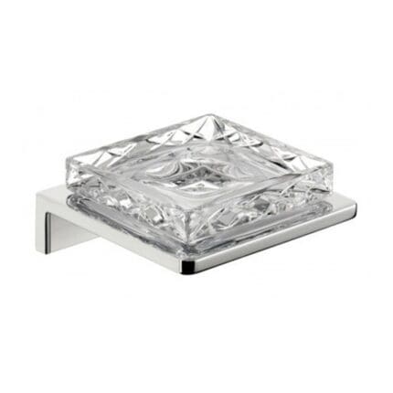 Elegant glass soap dish with chrome wall mount, ideal for bathroom hygiene and organization. Durable, stylish design enhances cleanliness and decor. Perfect for commercial and residential washrooms.