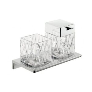 Square clear acrylic cup holders with a chrome dispenser on a sleek stainless steel tray for enhanced hygiene and organization. Perfect for office, restaurant, or hospitality settings.