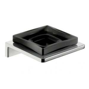 Black ceramic soap dish on a stainless steel holder, modern bathroom accessory, used for holding soap, sleek design perfect for upscale hygiene and sanitation solutions.