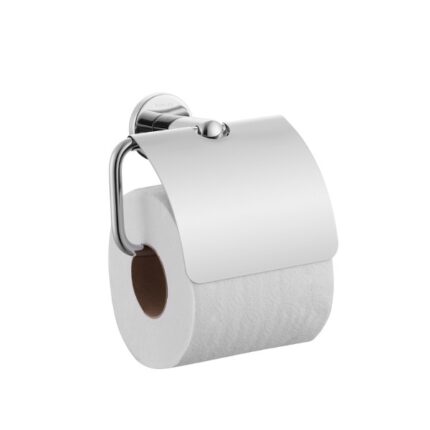 Toilet paper holder with replacement roll, modern stainless steel design for hygienic bathroom cleaning solutions.