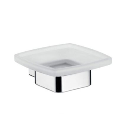 Square soap dish with a sleek, modern design, perfect for bathroom or kitchen use, Made of durable material, featuring a chrome finish and raised edges to keep soap dry and secure.