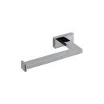 Chrome toilet paper holder with modern rectangular design for bathroom hygiene and convenience.