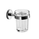 Shower gel or soap holder with a sleek chrome finish mounted on a wall in a bathroom.