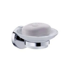 Shower soap dish holder with a chrome finish and white soap, designed for bathroom wall mounting, providing convenient soap storage and easy access.