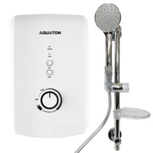 AQUATON electric shower unit with adjustable temperature control and handheld showerhead for efficient water heating in commercial and residential bathrooms.