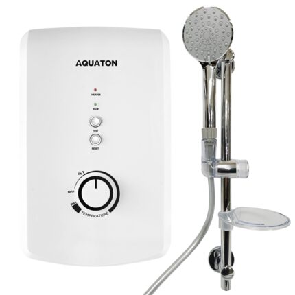 AQUATON electric shower unit with adjustable temperature control and handheld showerhead for efficient water heating in commercial and residential bathrooms.