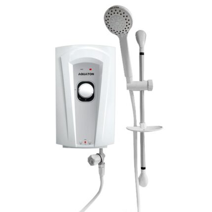 AQUATON electric shower heater with adjustable temperature and handheld showerhead for reliable hot water in Asian bathrooms.
