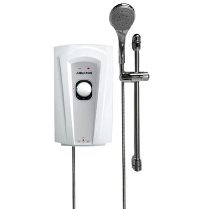 AQUATON electric shower unit with hand-held shower head, ideal for hygienic and efficient water heating in commercial and residential settings.