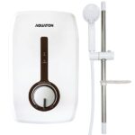 AQUATON water heater with shower head and temperature control knob, commercial-grade water heating equipment for hygiene and sanitation solutions.