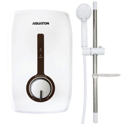 AQUATON water heater with shower head and temperature control knob, commercial-grade water heating equipment for hygiene and sanitation solutions.