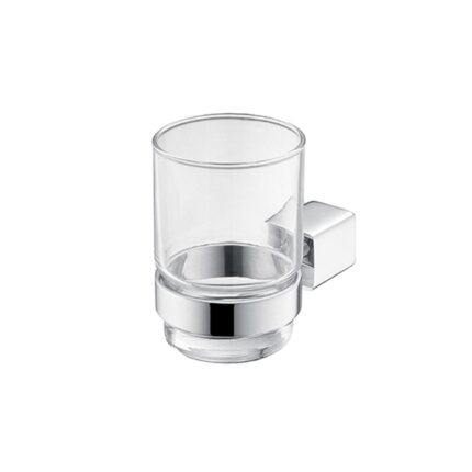 Drinkware with wall-mounted holder, clear glass with a chrome finish, ideal for hygienic hand hygiene stations, promoting cleanliness in healthcare and hospitality settings.