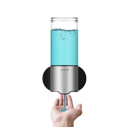 AIKE automated hand sanitizer dispenser with clear liquid, modern hygiene solution designed for public and commercial spaces.