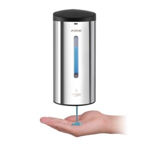 Automatic hand sanitizer dispenser with clear viewing window, sleek stainless steel design, ideal for hygienic hand sanitization in commercial and healthcare settings.
