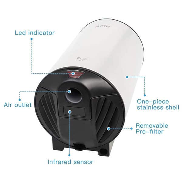 product_20211004-025946_615a6e223a95a Automatic hand sanitizer dispenser with stainless steel shell, removable pre-filter, infrared sensor, air outlet, and LED indicator for enhanced hygiene and safety in Asian healthcare settings.