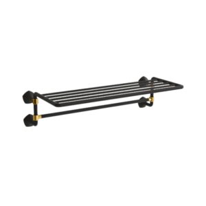 Black metal wall-mounted shower rack with gold accents for bathroom organization.