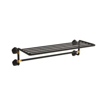 Black metal wall-mounted shower rack with gold accents for bathroom organization.