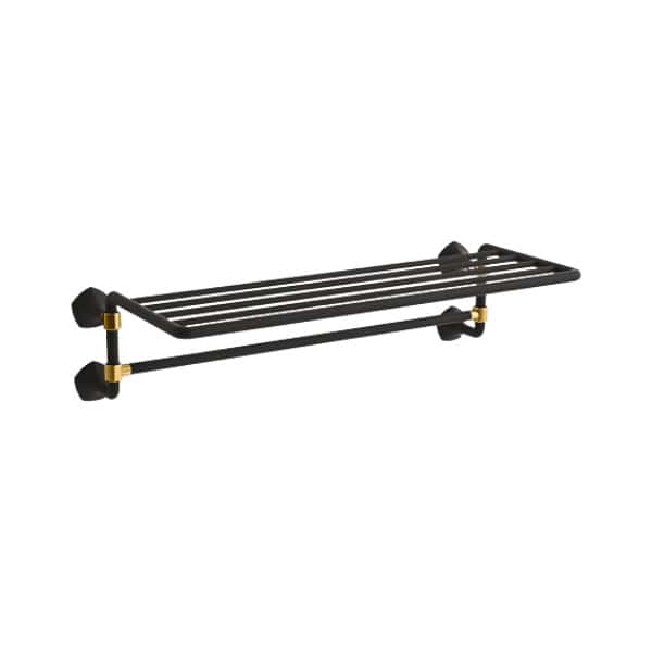 product_20230417-090510_643d0bc68807d Black metal wall-mounted shower rack with gold accents for bathroom organization.