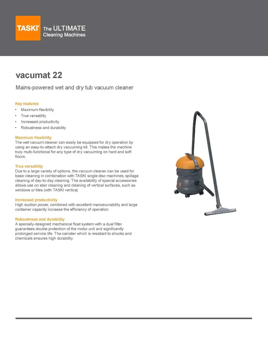 vacumat-22-Information-Sheet_Page_1 Vacumat 22 wet and dry tub vacuum cleaner from TASKI, ideal for professional cleaning, with maximum flexibility, versatility, and durability.