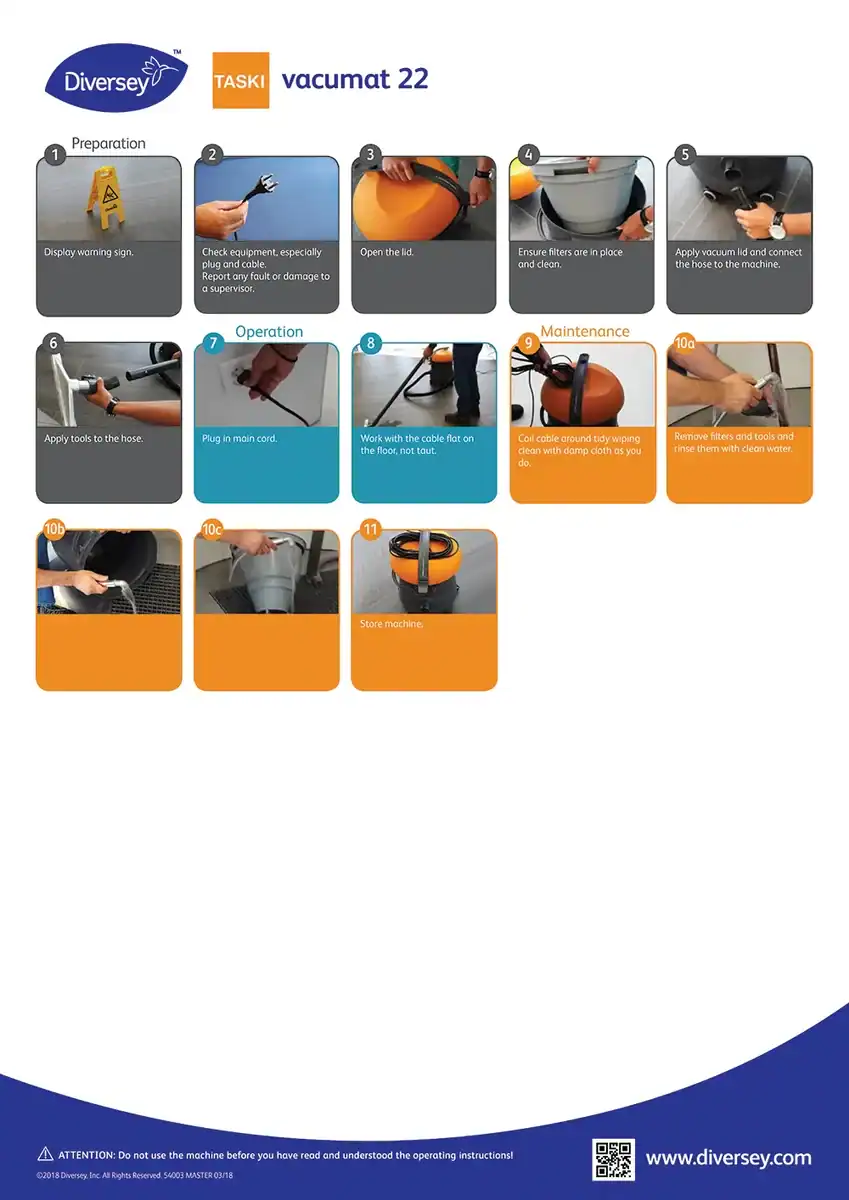 vacumat-22-Wallchart Diversey vacuum machine operation and maintenance procedures, including equipment setup, filter replacement, cord handling, and storage for effective cleaning solutions.