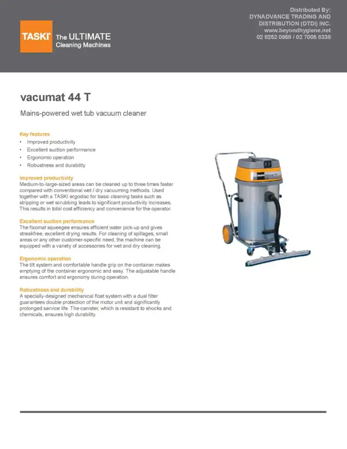 TASKI Vacumat 44 T wet tub vacuum cleaner used for industrial and commercial cleaning, featuring ergonomic design, high durability, and excellent suction performance for efficient mess removal.
