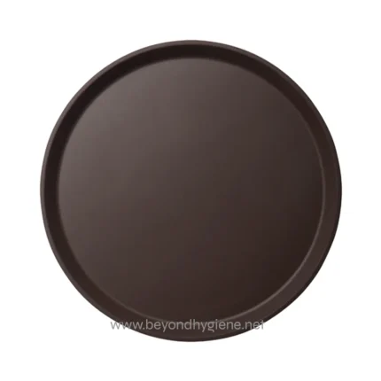Black round serving tray for commercial kitchen or catering use, durable food-grade material, hygienic and easy to clean, perfect for restaurants and catering services.