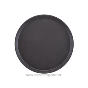 Black rubber tray used for hygiene and sanitation purposes, designed for commercial or industrial cleaning environments. Suitable for serving or organizing cleaning supplies in hygiene-focused settings.