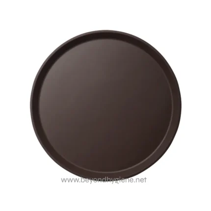 Black round tray for hospitality and food service hygiene solutions.