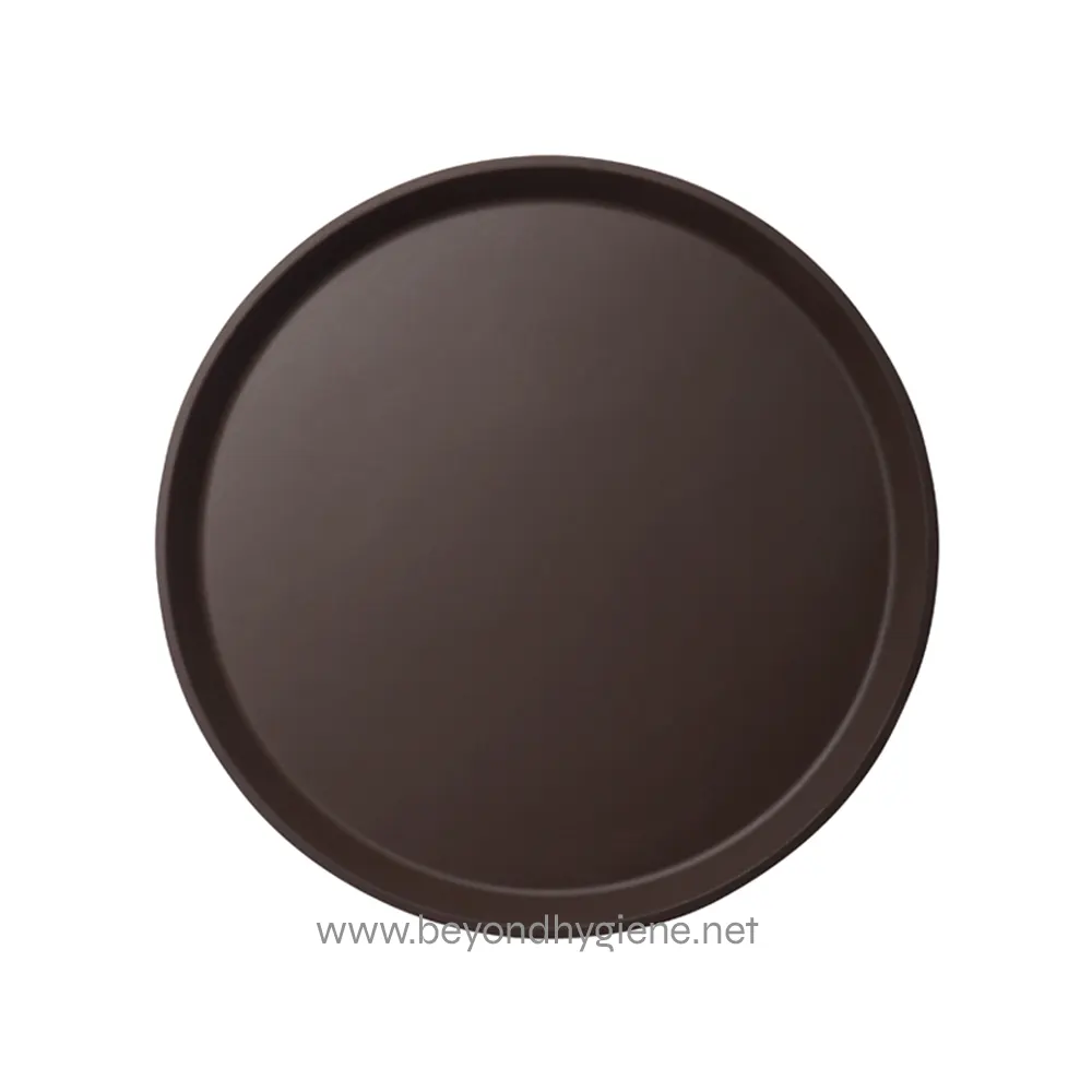 Black round tray for hospitality and food service hygiene solutions.