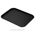 Black rectangular tray, ideal for food service or catering settings. Durable, easy to clean, and versatile for various hygiene and sanitation needs. Perfect for professional kitchen use.